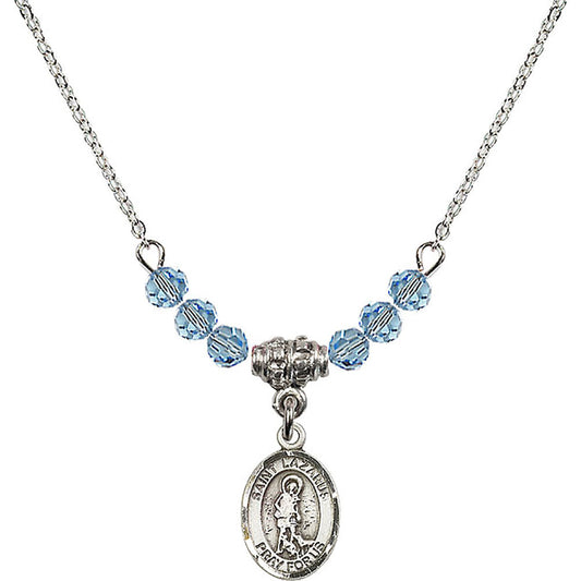 Sterling Silver Saint Lazarus Birthstone Necklace with Aqua Beads - 9066