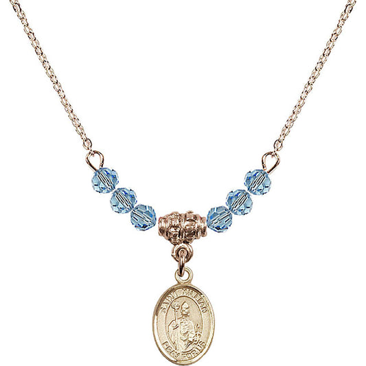 14kt Gold Filled Saint Kilian Birthstone Necklace with Aqua Beads - 9067
