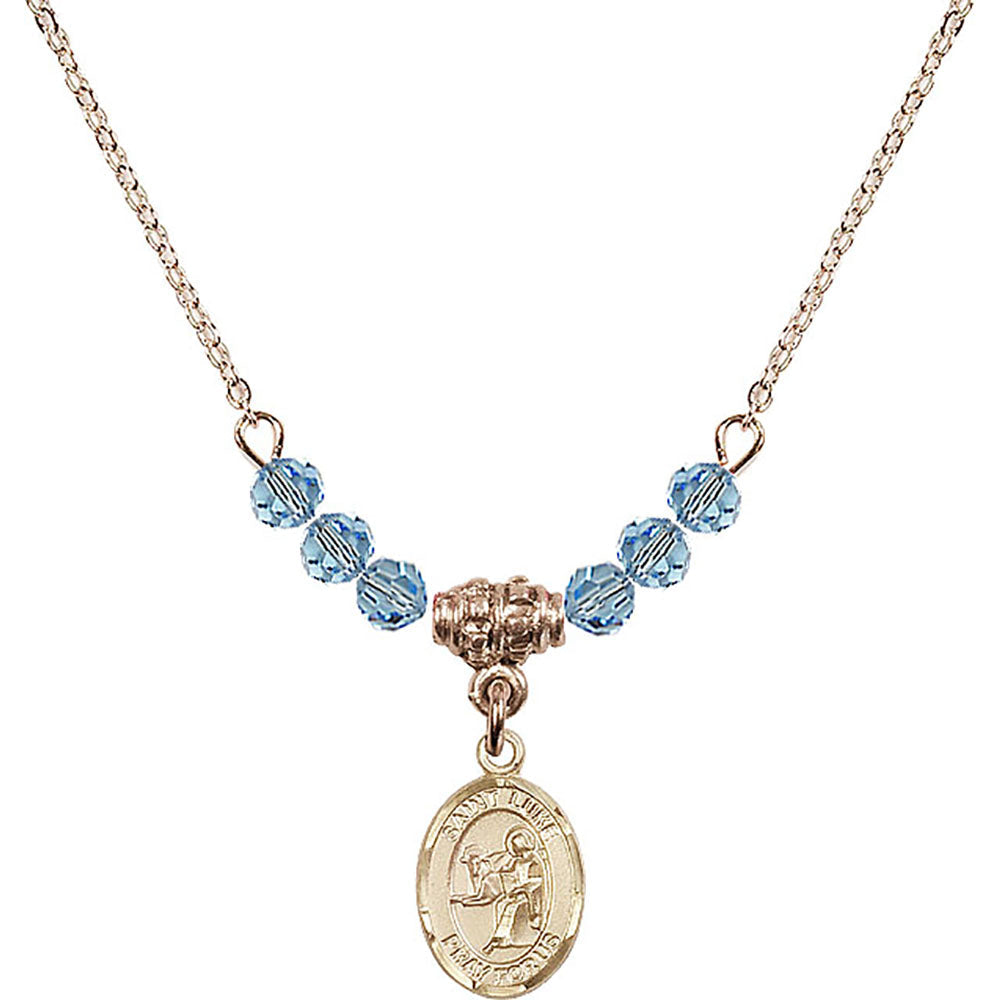 14kt Gold Filled Saint Luke the Apostle Birthstone Necklace with Aqua Beads - 9068