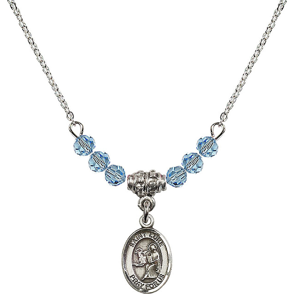 Sterling Silver Saint Luke the Apostle Birthstone Necklace with Aqua Beads - 9068