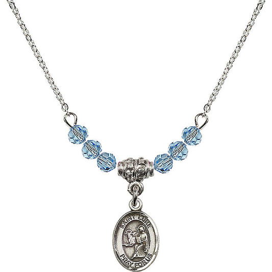 Sterling Silver Saint Luke the Apostle Birthstone Necklace with Aqua Beads - 9068