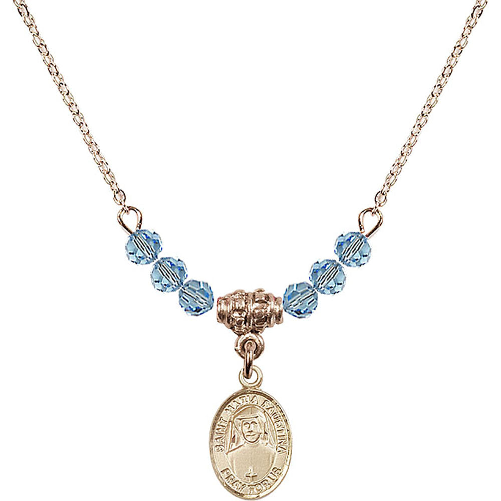 14kt Gold Filled Saint Maria Faustina Birthstone Necklace with Aqua Beads - 9069