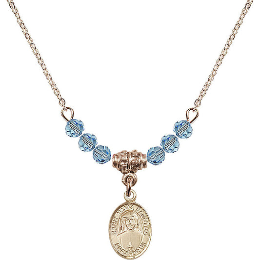 14kt Gold Filled Saint Maria Faustina Birthstone Necklace with Aqua Beads - 9069