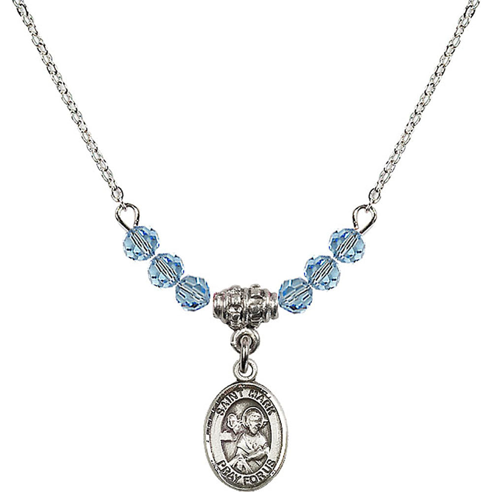 Sterling Silver Saint Mark the Evangelist Birthstone Necklace with Aqua Beads - 9070