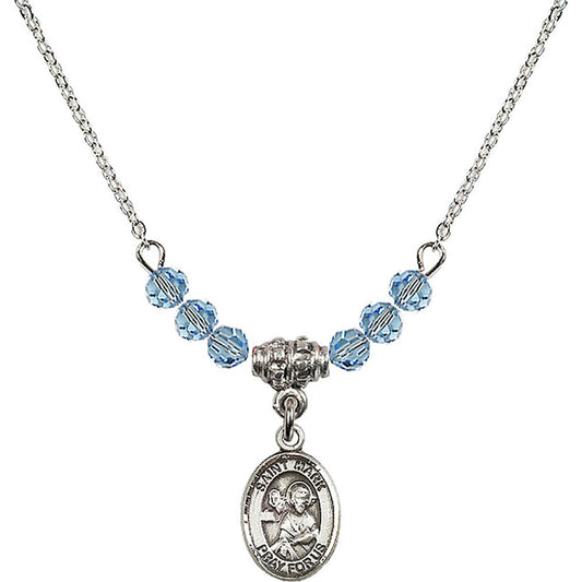 Sterling Silver Saint Mark the Evangelist Birthstone Necklace with Aqua Beads - 9070