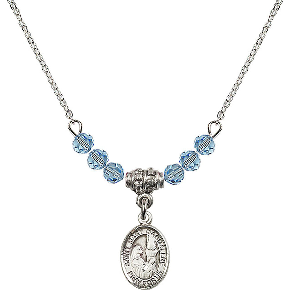 Sterling Silver Saint Mary Magdalene Birthstone Necklace with Aqua Beads - 9071