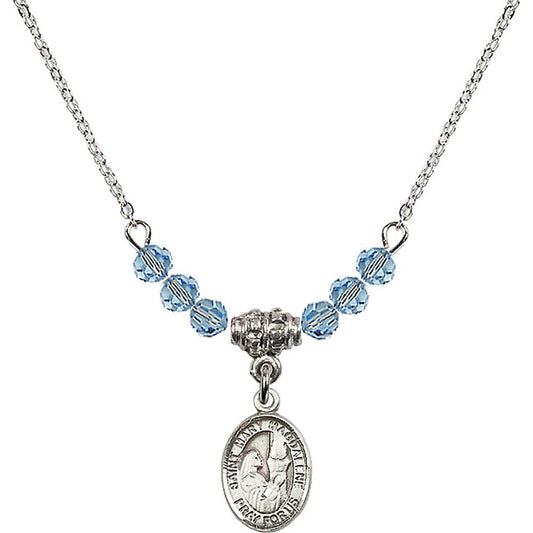 Sterling Silver Saint Mary Magdalene Birthstone Necklace with Aqua Beads - 9071