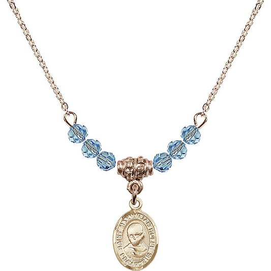14kt Gold Filled Saint Maximilian Kolbe Birthstone Necklace with Aqua Beads - 9073