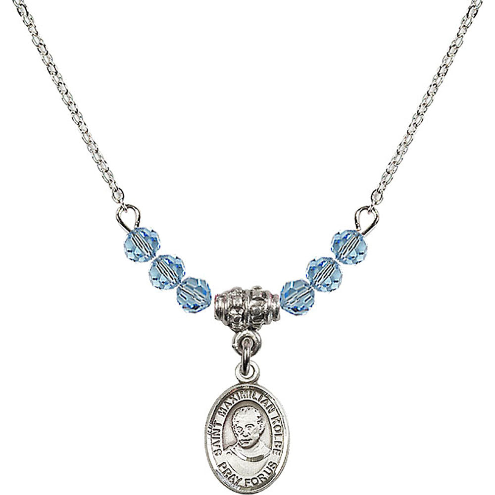 Sterling Silver Saint Maximilian Kolbe Birthstone Necklace with Aqua Beads - 9073