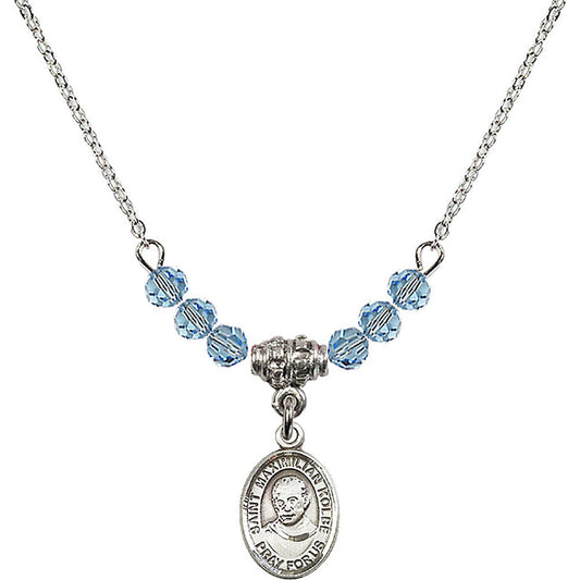 Sterling Silver Saint Maximilian Kolbe Birthstone Necklace with Aqua Beads - 9073