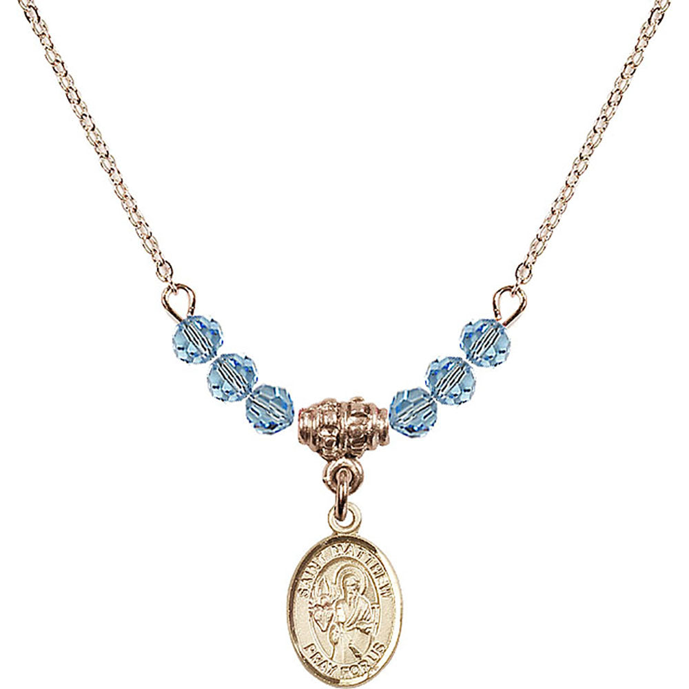 14kt Gold Filled Saint Matthew the Apostle Birthstone Necklace with Aqua Beads - 9074