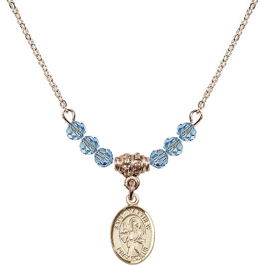 14kt Gold Filled Saint Matthew the Apostle Birthstone Necklace with Aqua Beads - 9074