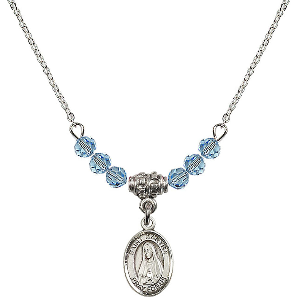Sterling Silver Saint Martha Birthstone Necklace with Aqua Beads - 9075