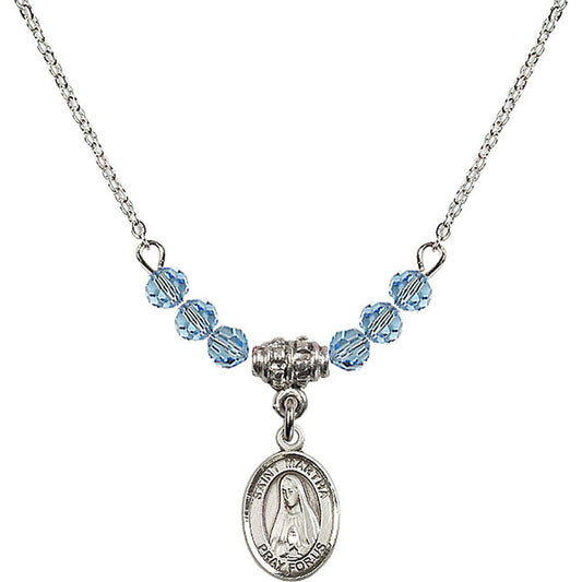 Sterling Silver Saint Martha Birthstone Necklace with Aqua Beads - 9075
