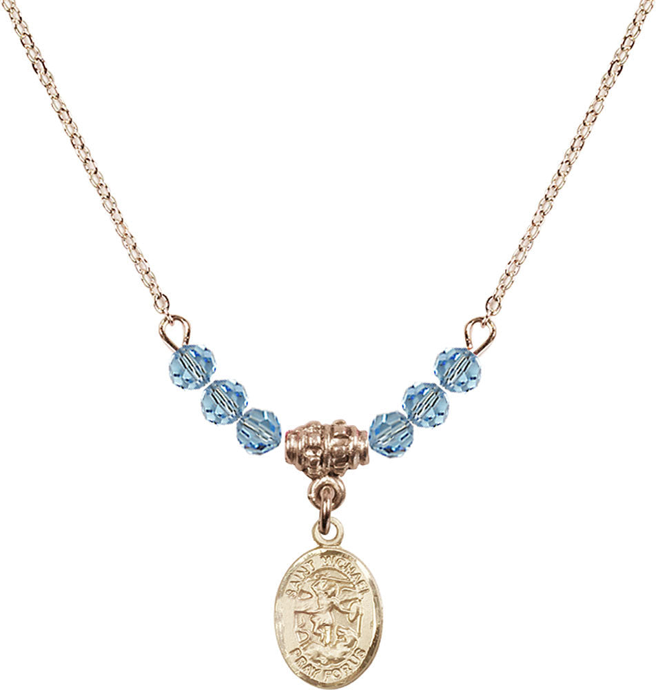 14kt Gold Filled Saint Michael the Archangel Birthstone Necklace with Aqua Beads - 9076
