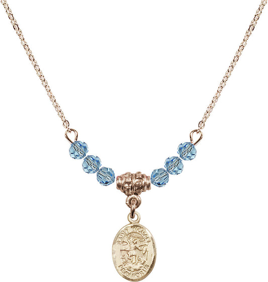 14kt Gold Filled Saint Michael the Archangel Birthstone Necklace with Aqua Beads - 9076