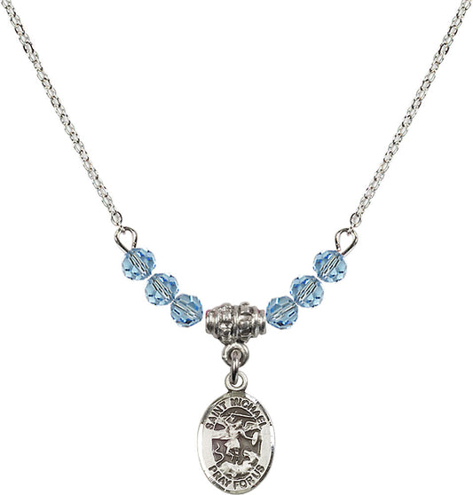 Sterling Silver Saint Michael the Archangel Birthstone Necklace with Aqua Beads - 9076