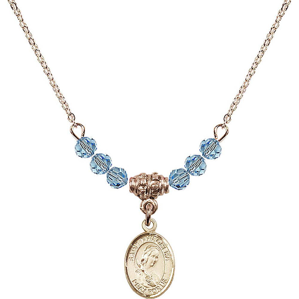 14kt Gold Filled Saint Philomena Birthstone Necklace with Aqua Beads - 9077