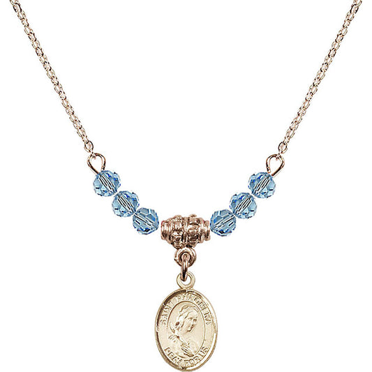 14kt Gold Filled Saint Philomena Birthstone Necklace with Aqua Beads - 9077