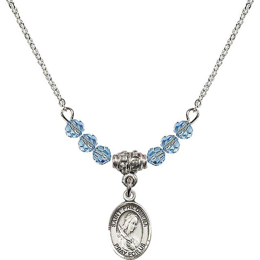 Sterling Silver Saint Philomena Birthstone Necklace with Aqua Beads - 9077