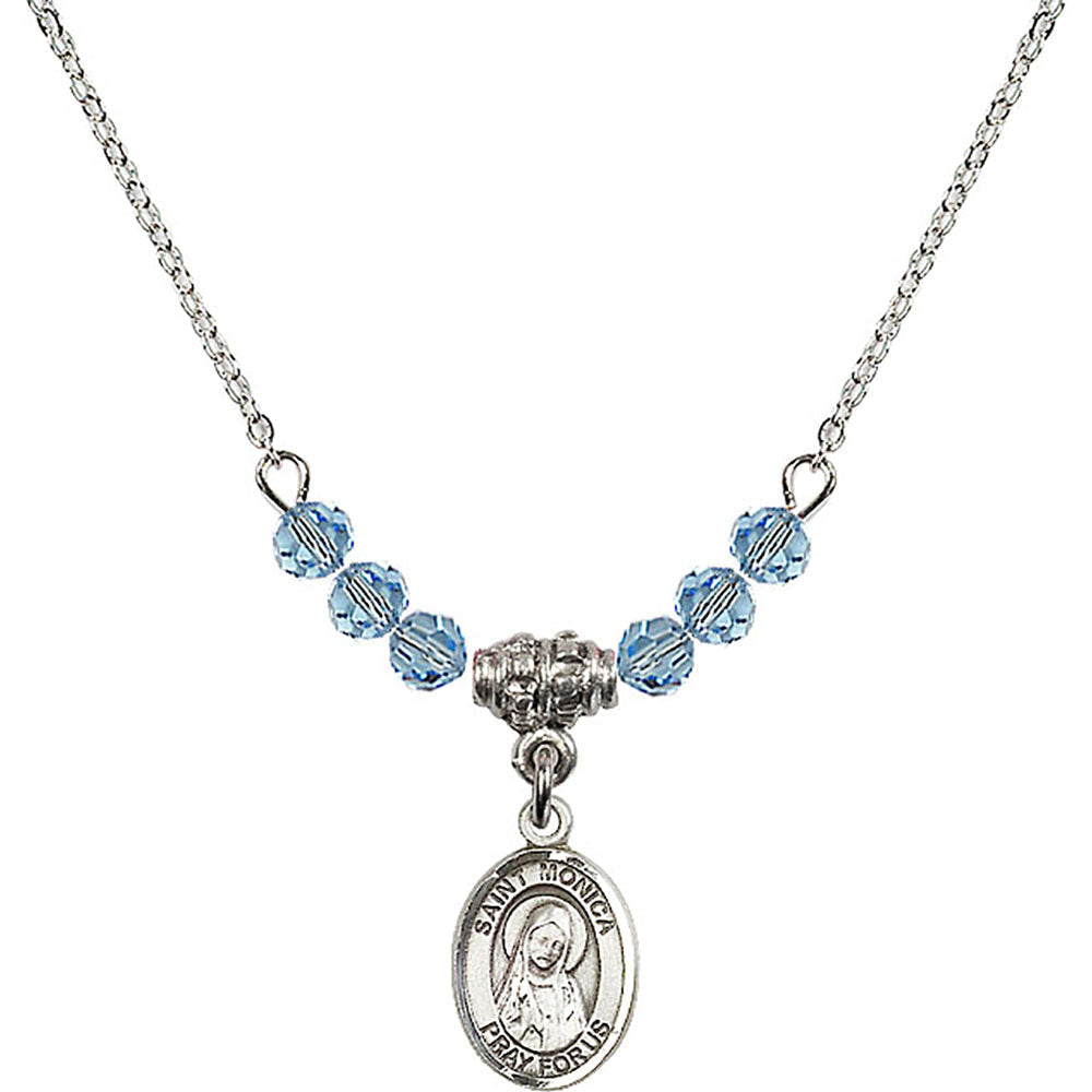 Sterling Silver Saint Monica Birthstone Necklace with Aqua Beads - 9079