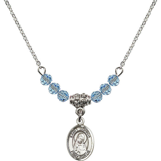 Sterling Silver Saint Monica Birthstone Necklace with Aqua Beads - 9079