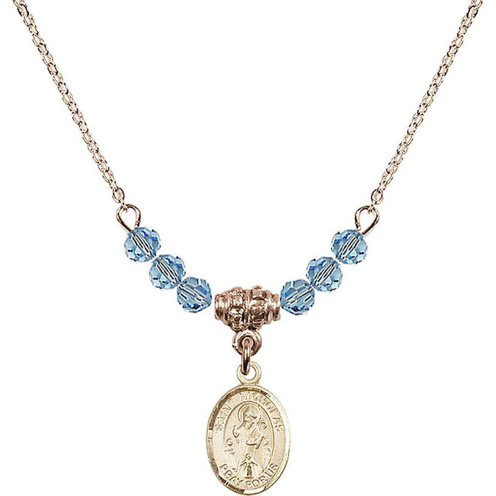 14kt Gold Filled Saint Nicholas Birthstone Necklace with Aqua Beads - 9080
