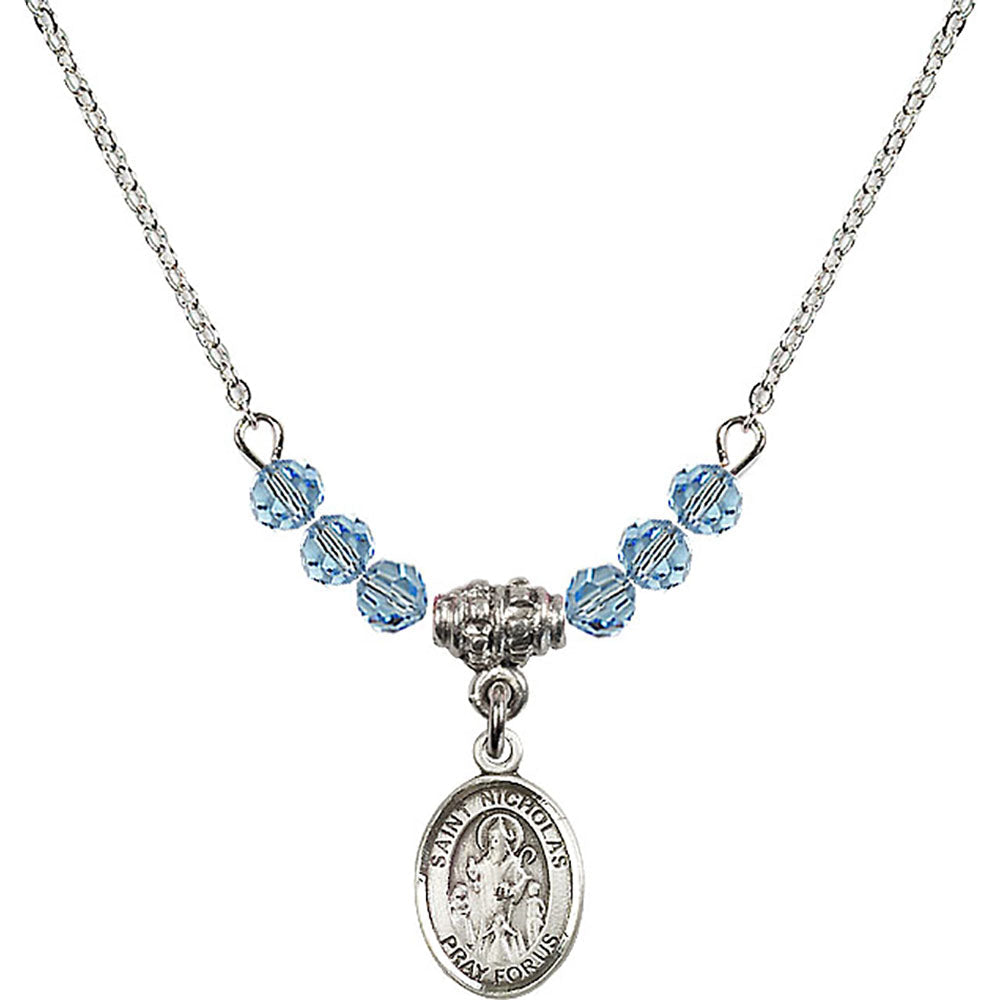 Sterling Silver Saint Nicholas Birthstone Necklace with Aqua Beads - 9080