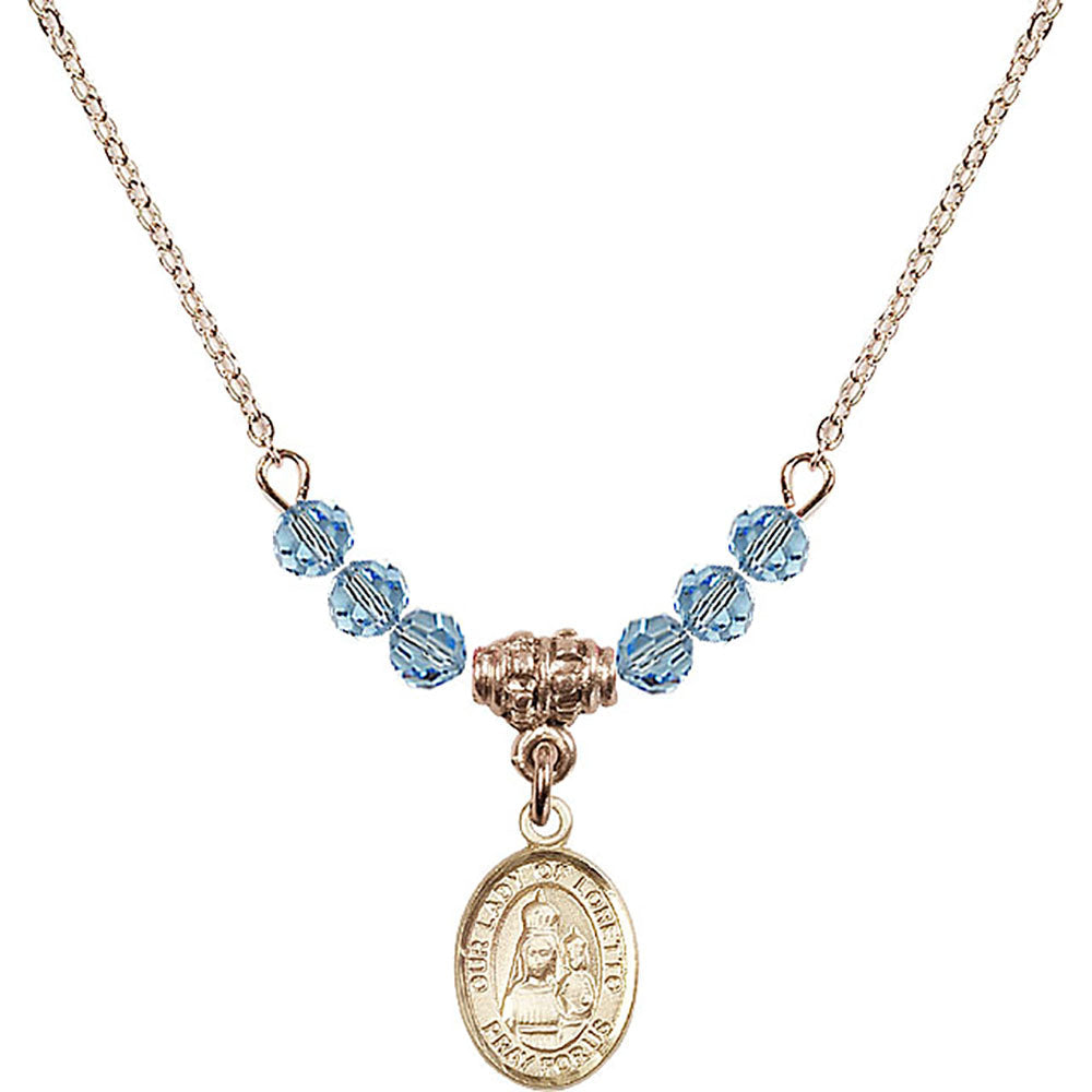 14kt Gold Filled Our Lady of Loretto Birthstone Necklace with Aqua Beads - 9082