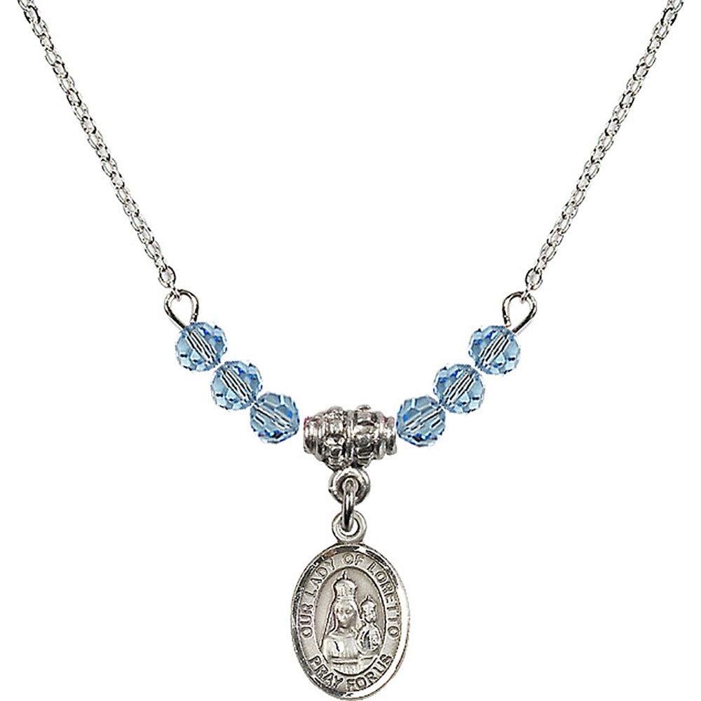 Sterling Silver Our Lady of Loretto Birthstone Necklace with Aqua Beads - 9082