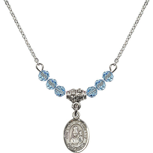Sterling Silver Our Lady of Loretto Birthstone Necklace with Aqua Beads - 9082