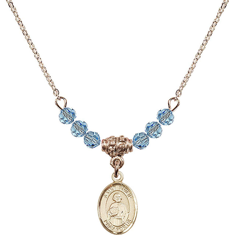 14kt Gold Filled Saint Philip the Apostle Birthstone Necklace with Aqua Beads - 9083