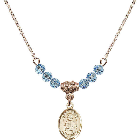 14kt Gold Filled Saint Philip the Apostle Birthstone Necklace with Aqua Beads - 9083
