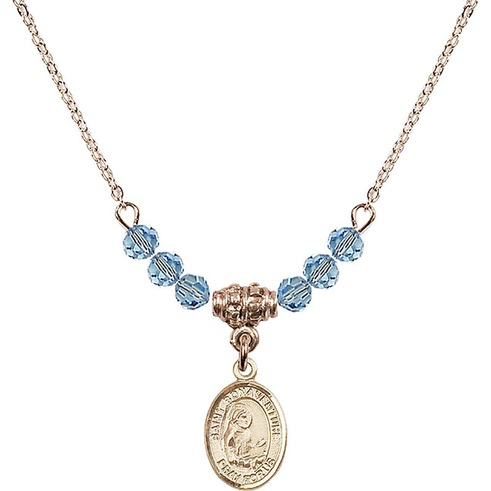 14kt Gold Filled Saint Bonaventure Birthstone Necklace with Aqua Beads - 9085