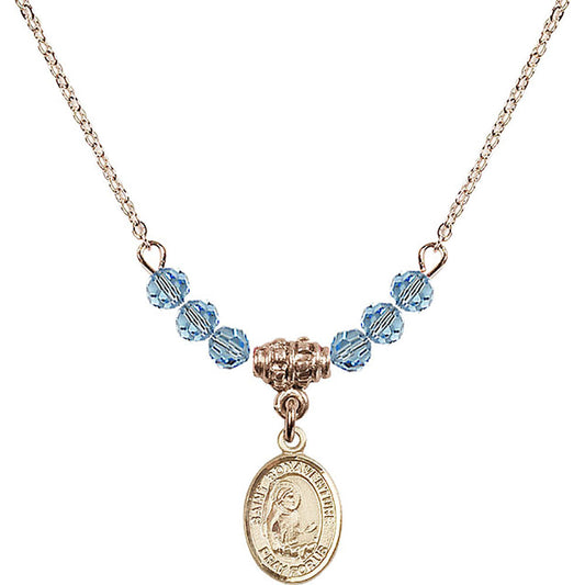 14kt Gold Filled Saint Bonaventure Birthstone Necklace with Aqua Beads - 9085