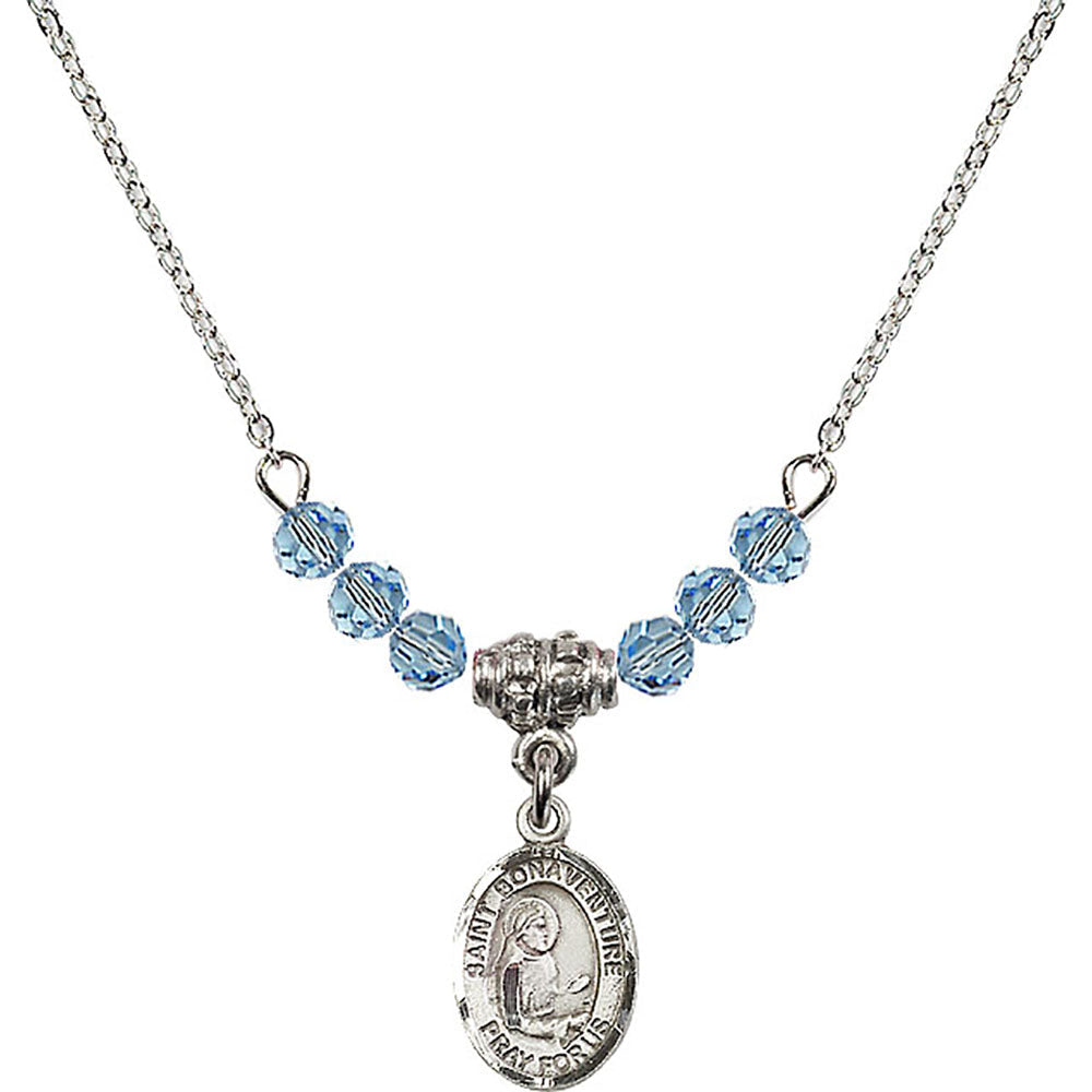 Sterling Silver Saint Bonaventure Birthstone Necklace with Aqua Beads - 9085