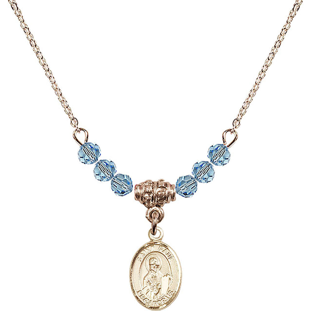 14kt Gold Filled Saint Paul the Apostle Birthstone Necklace with Aqua Beads - 9086