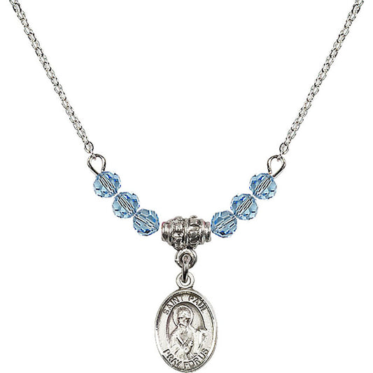 Sterling Silver Saint Paul the Apostle Birthstone Necklace with Aqua Beads - 9086