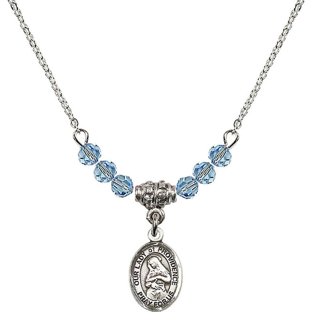 Sterling Silver Our Lady of Providence Birthstone Necklace with Aqua Beads - 9087