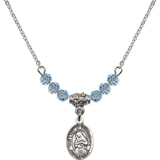 Sterling Silver Our Lady of Providence Birthstone Necklace with Aqua Beads - 9087