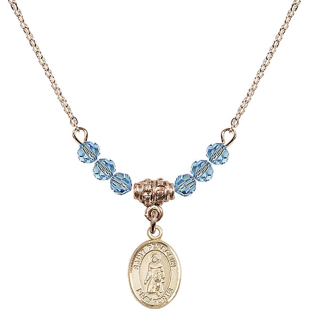 14kt Gold Filled Saint Peregrine Laziosi Birthstone Necklace with Aqua Beads - 9088
