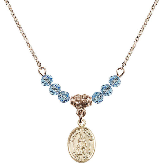 14kt Gold Filled Saint Peregrine Laziosi Birthstone Necklace with Aqua Beads - 9088