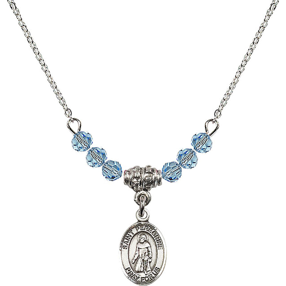 Sterling Silver Saint Peregrine Laziosi Birthstone Necklace with Aqua Beads - 9088