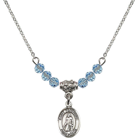 Sterling Silver Saint Peregrine Laziosi Birthstone Necklace with Aqua Beads - 9088