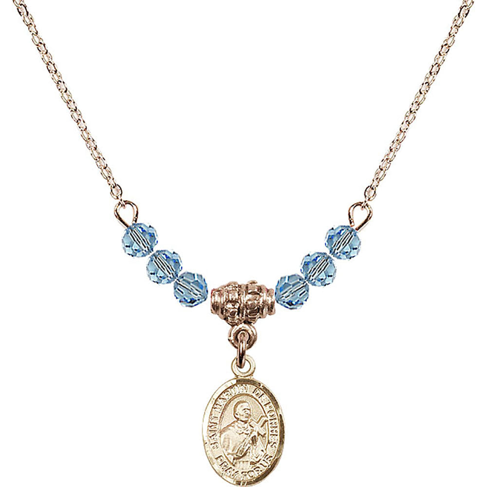 14kt Gold Filled Saint Martin de Porres Birthstone Necklace with Aqua Beads - 9089