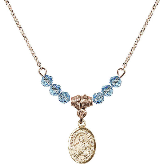 14kt Gold Filled Saint Martin de Porres Birthstone Necklace with Aqua Beads - 9089