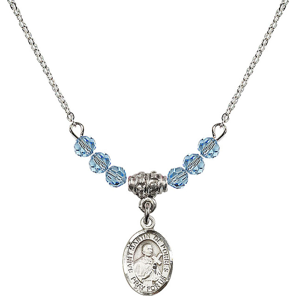 Sterling Silver Saint Martin de Porres Birthstone Necklace with Aqua Beads - 9089