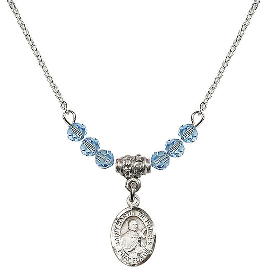 Sterling Silver Saint Martin de Porres Birthstone Necklace with Aqua Beads - 9089