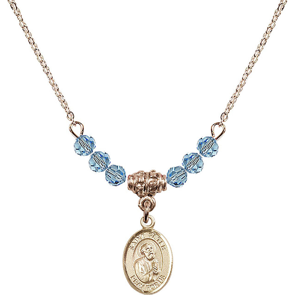 14kt Gold Filled Saint Peter the Apostle Birthstone Necklace with Aqua Beads - 9090
