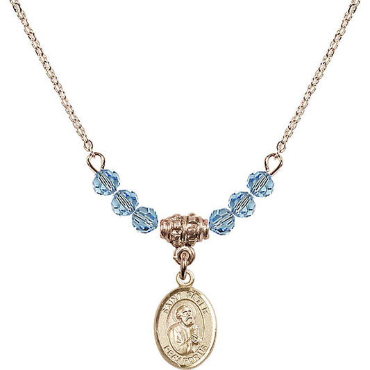14kt Gold Filled Saint Peter the Apostle Birthstone Necklace with Aqua Beads - 9090